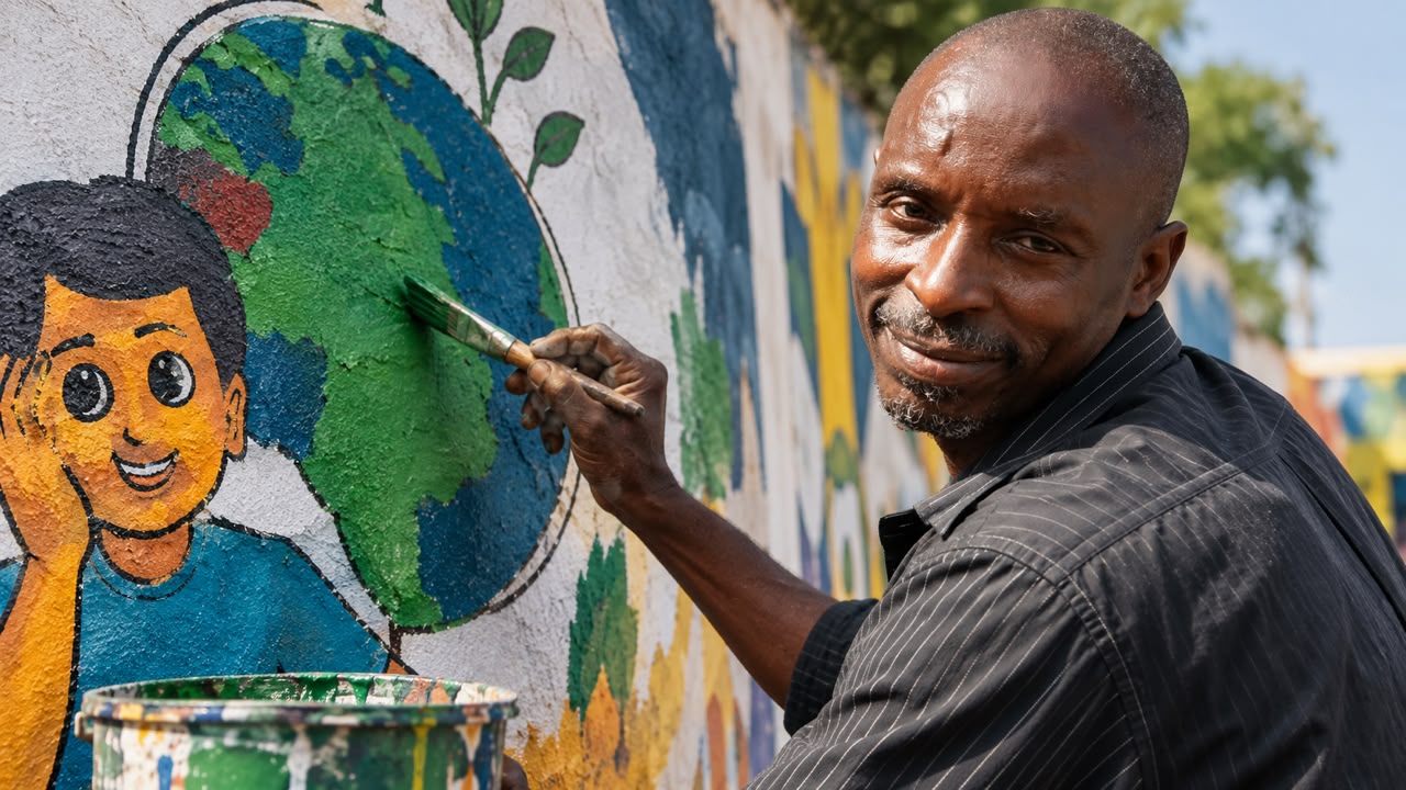 Odilli Gabriel painting a school mural of a boy and a globe