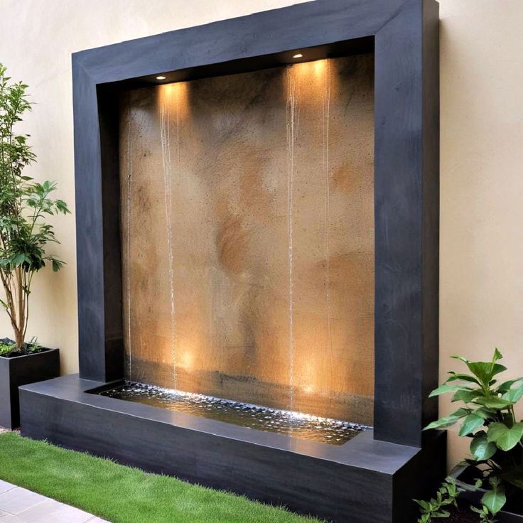 Garden wall fountain with a dark frame, spotlights and water sheeting down