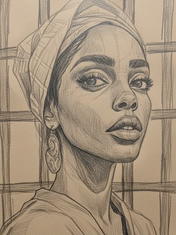 Pencil portrait drawing of a woman in a head wrap and earrings, on tan paper