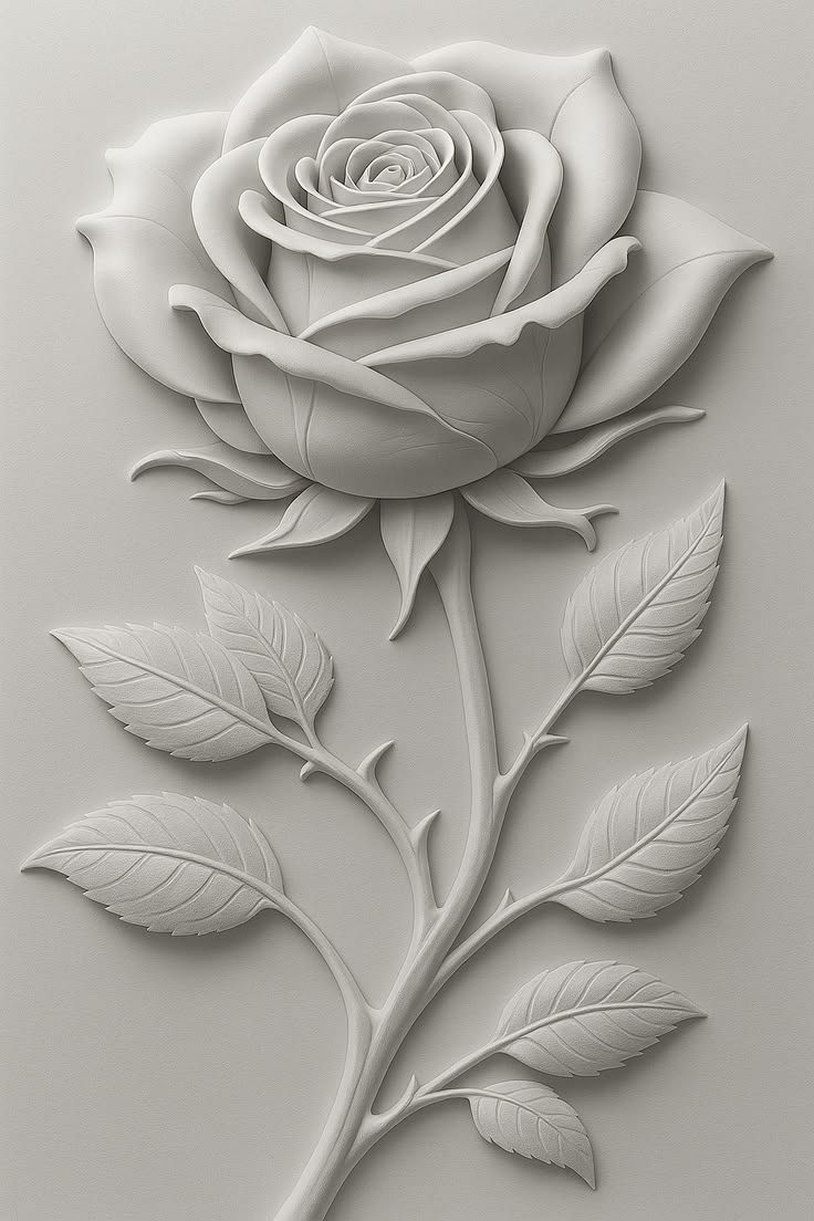 White wall relief of a rose with stem and leaves