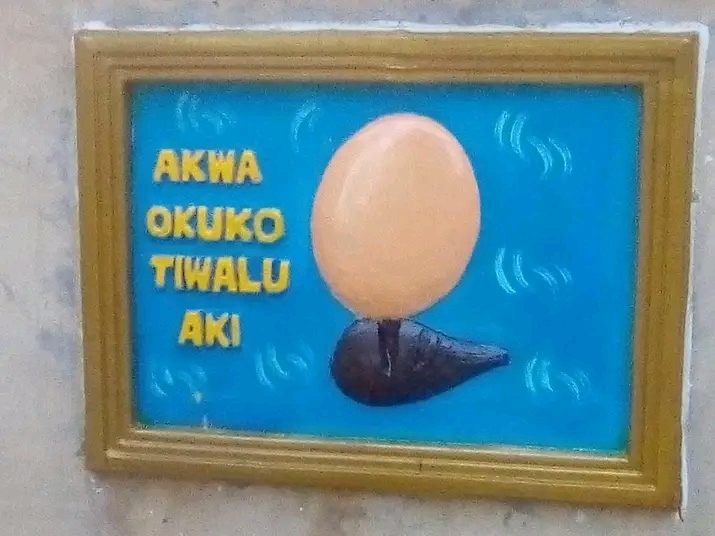 Framed, painted relief of an egg on a palm kernel with an Igbo proverb in yellow letters