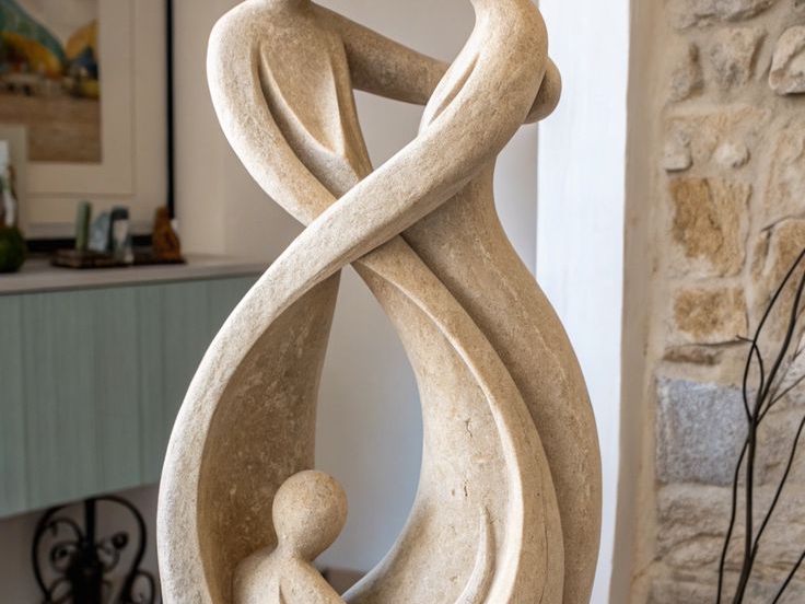 Stone sculpture of a family embracing